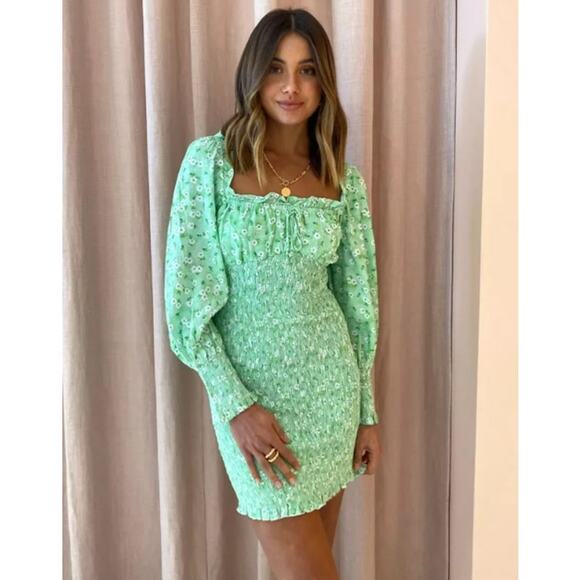 Faithfull The Brand Cosima Mini Dress Floral Ruffle Smocked Balloon Sleeve - Picture 1 of 16